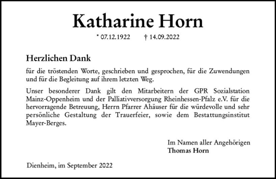 Traueranzeige von Katharine Horn von vrm-trauer AZ Mainz