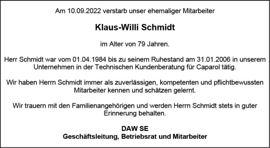 Traueranzeige von Klaus-Willi Schmidt von vrm-trauer Darmstädter Echo
