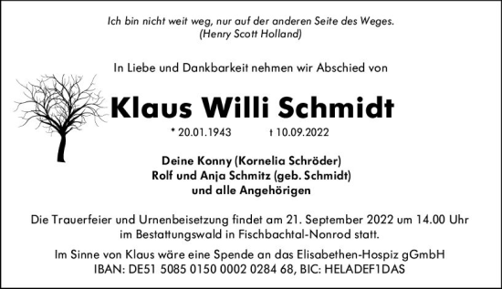 Traueranzeige von Klaus Willi Schmidt von vrm-trauer Darmstädter Echo