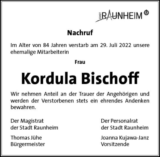 Traueranzeige von Kordula Bischoff von vrm-trauer Rüsselsheimer Echo / MainSpitze