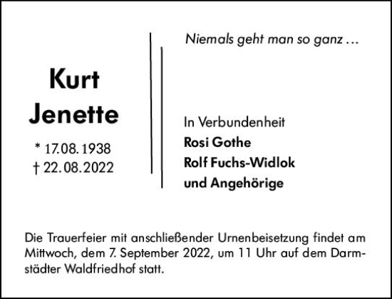 Traueranzeige von Kurt Jenette von vrm-trauer Darmstädter Echo