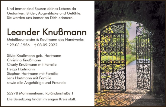 Traueranzeige von Leander Knußmann von vrm-trauer Allgemeine  Zeitung Ingelheim-Bingen