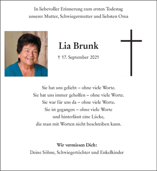 Traueranzeige von Lia Brunk von vrm-trauer Allgemeine Zeitung Alzey