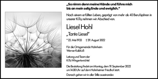 Traueranzeige von Liesel Hohl von vrm-trauer AZ Mainz