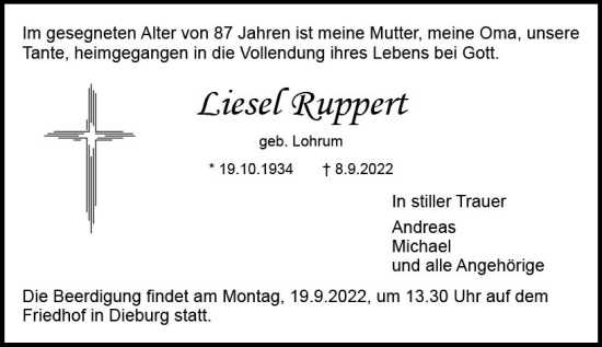 Traueranzeige von Liesel Ruppert von vrm-trauer DieburgerAnzeiger/Groß-Zimmerner Lokala