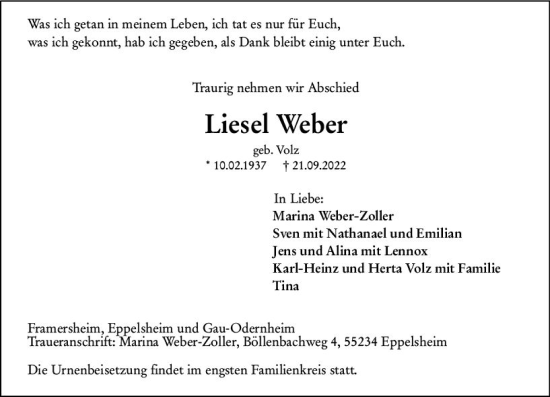 Traueranzeige von Liesel Weber von vrm-trauer Allgemeine Zeitung Alzey