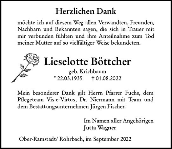 Traueranzeige von Lieselotte Böttcher von vrm-trauer Darmstädter Echo