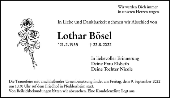 Traueranzeige von Lothar Bösel von vrm-trauer Wormser Zeitung