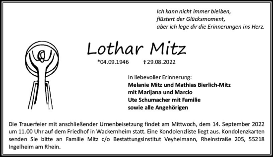 Traueranzeige von Lothar Mitz von vrm-trauer Allgemeine  Zeitung Ingelheim-Bingen