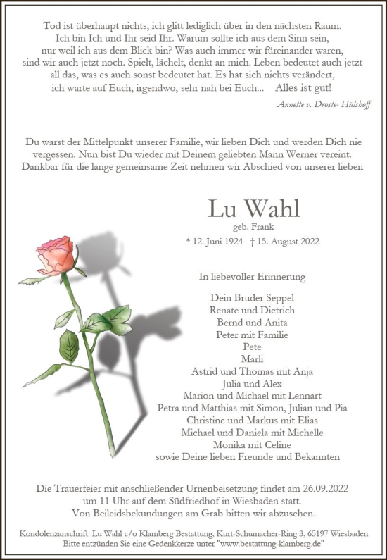 Traueranzeige von Lu Wahl von vrm-trauer Wiesbadener Kurier