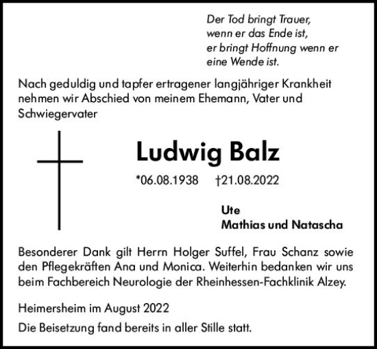 Traueranzeige von Ludwig Balz von vrm-trauer Allgemeine Zeitung Alzey