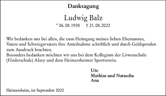 Traueranzeige von Ludwig Balz von vrm-trauer Allgemeine Zeitung Alzey