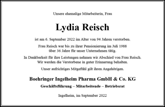 Traueranzeige von Lydia Reisch von vrm-trauer Allgemeine  Zeitung Ingelheim-Bingen