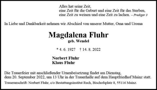 Traueranzeige von Magdalena Fluhr von vrm-trauer AZ Mainz