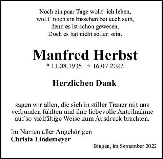 Traueranzeige von Manfred Herbst von vrm-trauer AZ Mainz