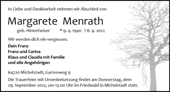 Traueranzeige von Margarete Menrath von vrm-trauer Odenwälder Echo