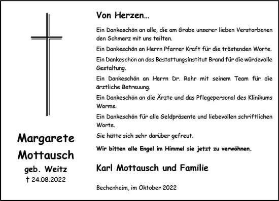 Traueranzeige von Margarete Mottausch von vrm-trauer Allgemeine Zeitung Alzey