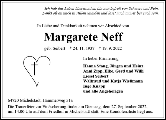 Traueranzeige von Margarete Neff von vrm-trauer Odenwälder Echo