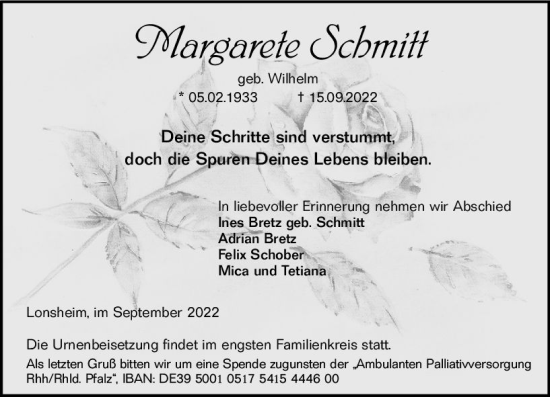 Traueranzeige von Margarete Schmitt von vrm-trauer Allgemeine Zeitung Alzey