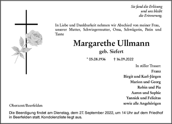 Traueranzeige von Margarethe Ullniann von vrm-trauer Odenwälder Echo