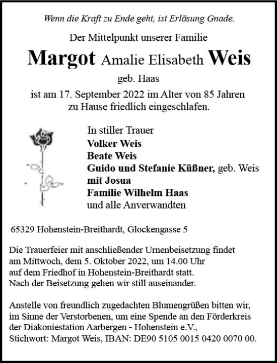 Traueranzeige von Margot Amalie Elisabeth Weis von vrm-trauer WK-UTA