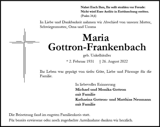 Traueranzeige von Maria Gottron-Frankenbach von vrm-trauer AZ Mainz
