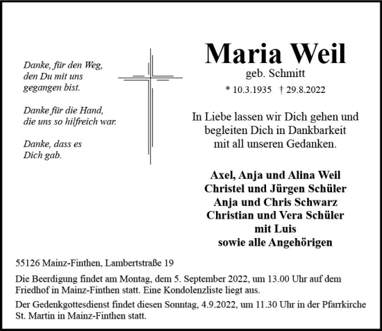 Traueranzeige von Maria Weil von vrm-trauer AZ Mainz