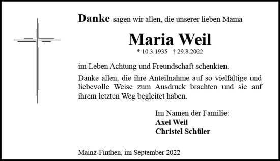 Traueranzeige von Maria Weil von vrm-trauer AZ Mainz