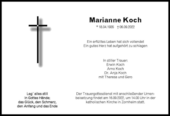 Traueranzeige von Marianne Koch von vrm-trauer AZ Mainz