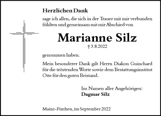 Traueranzeige von Marianne Silz von vrm-trauer AZ Mainz