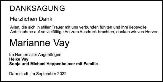 Traueranzeige von Marianne Vay von vrm-trauer Darmstädter Echo