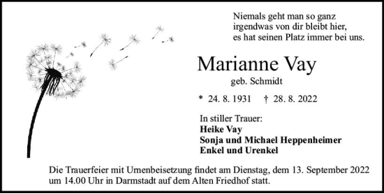 Traueranzeige von Marianne Vay von vrm-trauer Darmstädter Echo