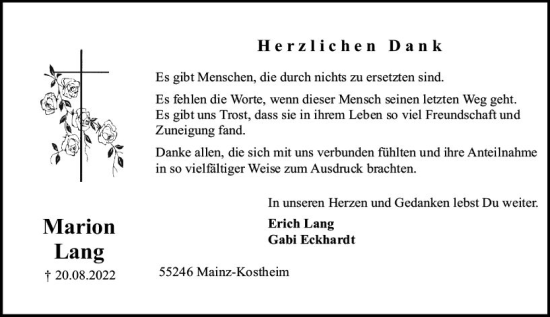 Traueranzeige von Marion Lang von vrm-trauer AZ Mainz