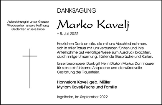 Traueranzeige von Marko Kavelj von vrm-trauer Allgemeine  Zeitung Ingelheim-Bingen