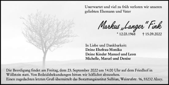Traueranzeige von Markus Fink von vrm-trauer Allgemeine Zeitung Alzey