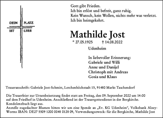 Traueranzeige von Mathilde Jost von vrm-trauer Allgemeine Zeitung Alzey