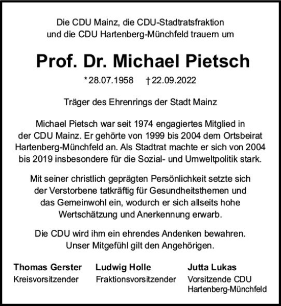 Traueranzeige von Michael Pietsch von vrm-trauer AZ Mainz