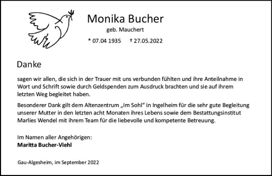 Traueranzeige von Monika Bucher von vrm-trauer Allgemeine  Zeitung Ingelheim-Bingen