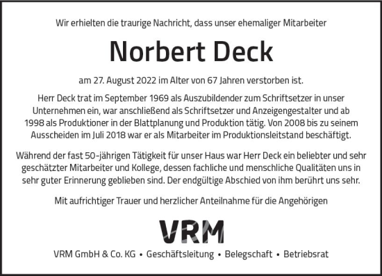 Traueranzeige von Norbert Deck von vrm-trauer AZ Mainz