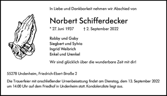 Traueranzeige von Norbert Schifferdecker von vrm-trauer AZ Mainz