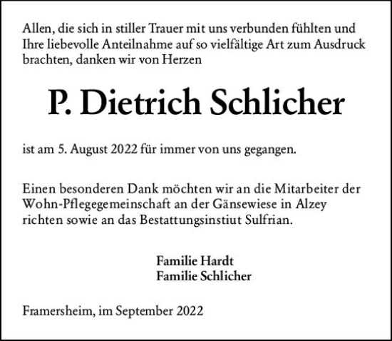 Traueranzeige von P. Dietrich Schlicher von vrm-trauer Allgemeine Zeitung Alzey