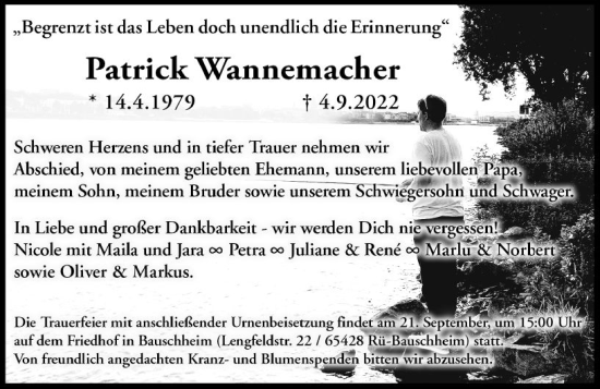 Traueranzeige von Patrick Wannemacher von vrm-trauer Rüsselsheimer Echo / MainSpitze