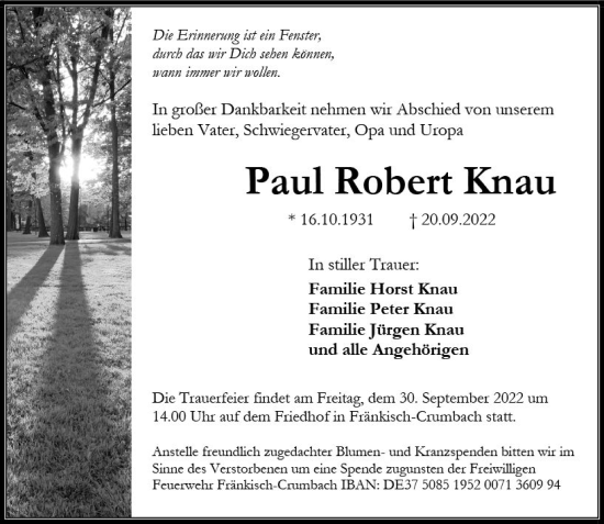 Traueranzeige von Paul Robert Knau von vrm-trauer Odenwälder Echo