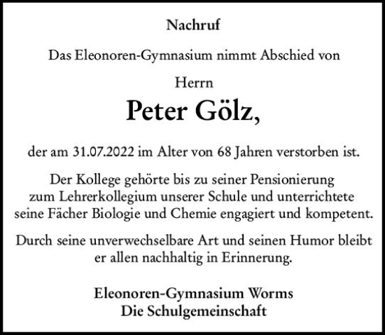 Traueranzeige von Peter Gölz von vrm-trauer Wormser Zeitung