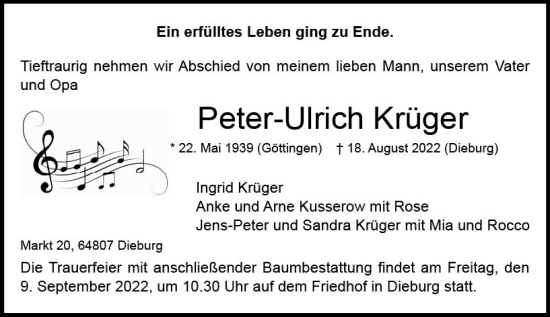Traueranzeige von Peter-Ulrich Krüger von vrm-trauer DieburgerAnzeiger/Groß-Zimmerner Lokala