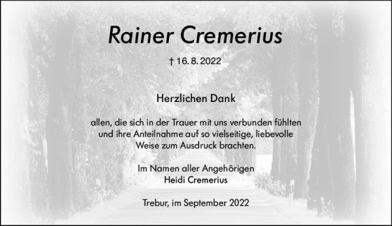 Traueranzeige von Rainer Cremerius von vrm-trauer Rüsselsheimer Echo / MainSpitze