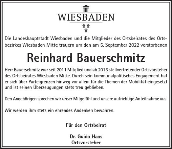 Traueranzeige von Reinhard Bauerschmitz von vrm-trauer Wiesbadener Kurier