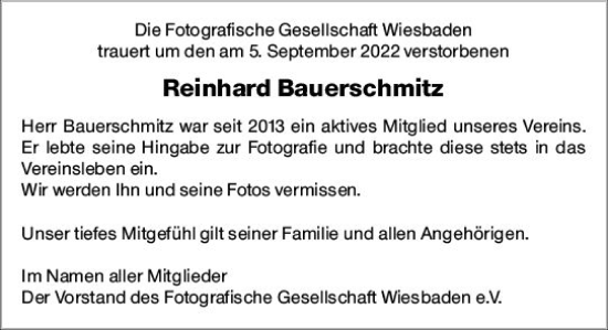 Traueranzeige von Reinhard Bauerschmitz von vrm-trauer Wiesbadener Kurier