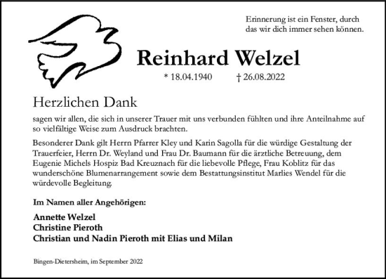 Traueranzeige von Reinhard Welzel von vrm-trauer Allgemeine  Zeitung Ingelheim-Bingen