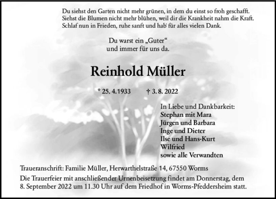 Traueranzeige von Reinhold Müller von vrm-trauer Wormser Zeitung